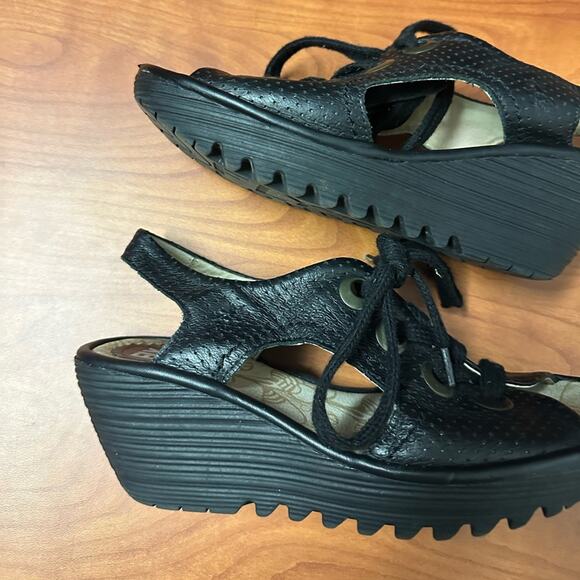 Fly London Ylva Lace Up Wedge Sandals Womens 38 7-7.5 Black Summer Open Toe - Picture 5 of 13